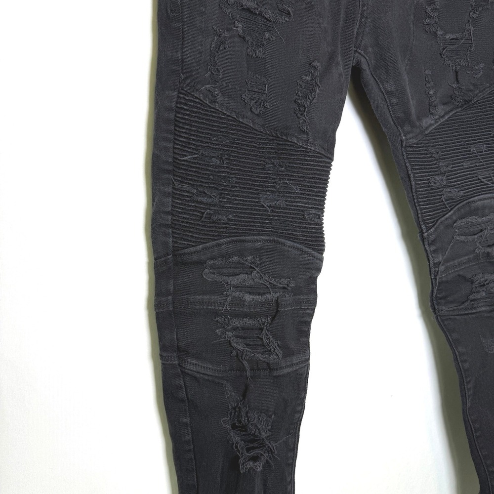 PREME Mens Moto Distressed Black Denim Jeans Slim Fit Ribbed Panel 32x32 - Picture 7 of 12